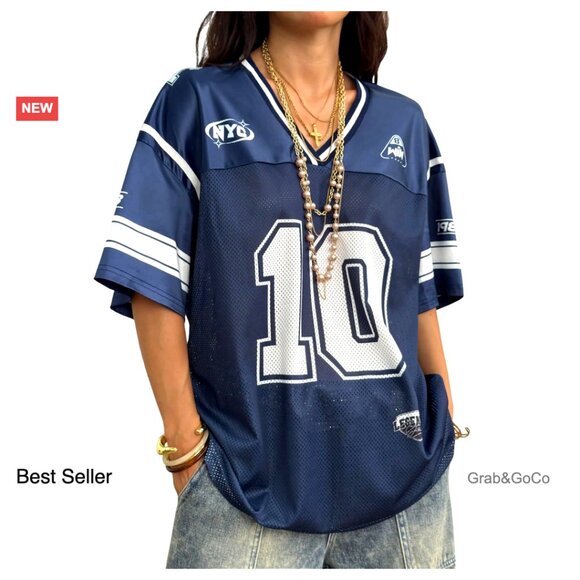 Tops - Oversized V-Neck Jersey Shirt Y2K Graphic Print Streetwear Mesh Fabric